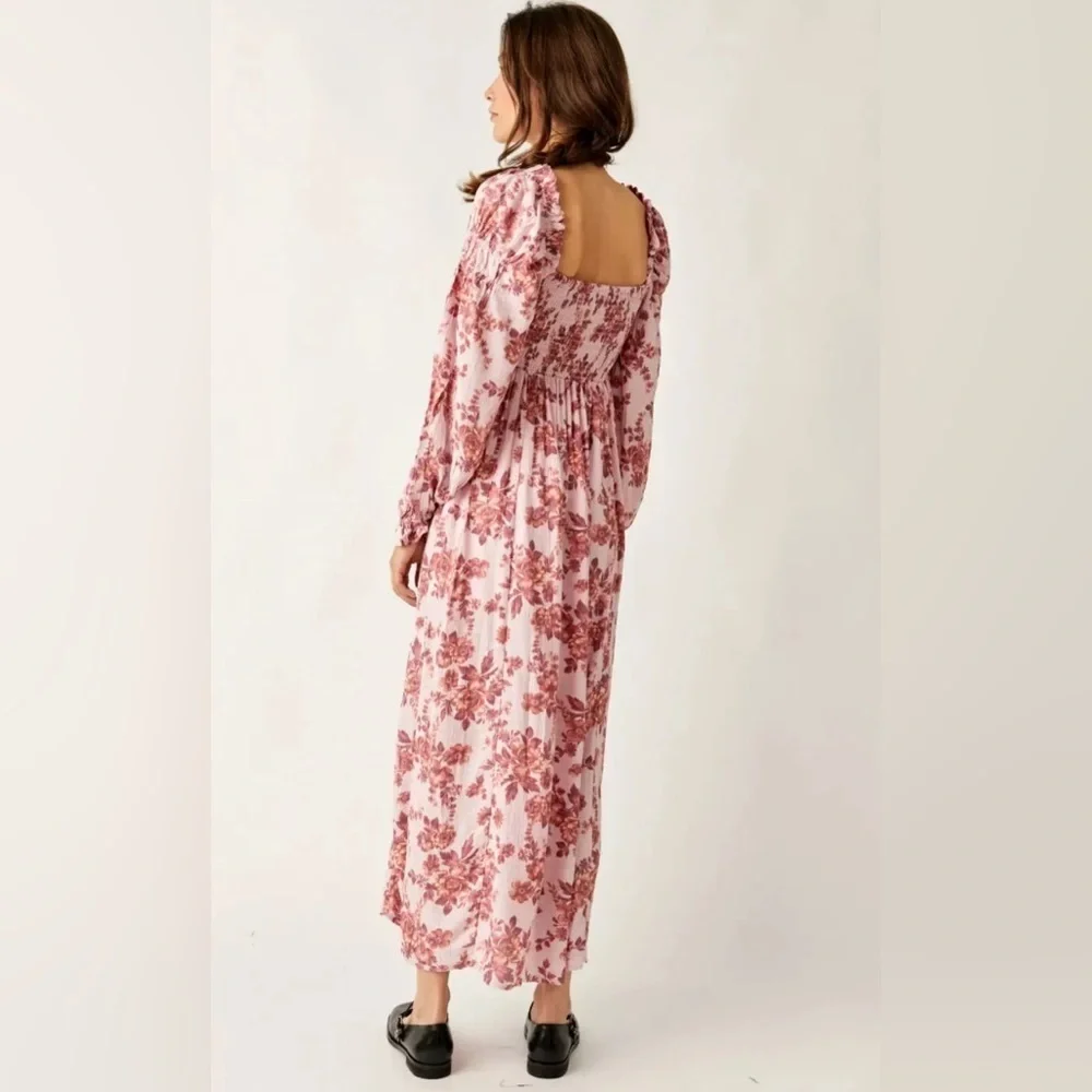Free People Jaymes Midi Dress  Casual Smocked Long Sleeve S B2964